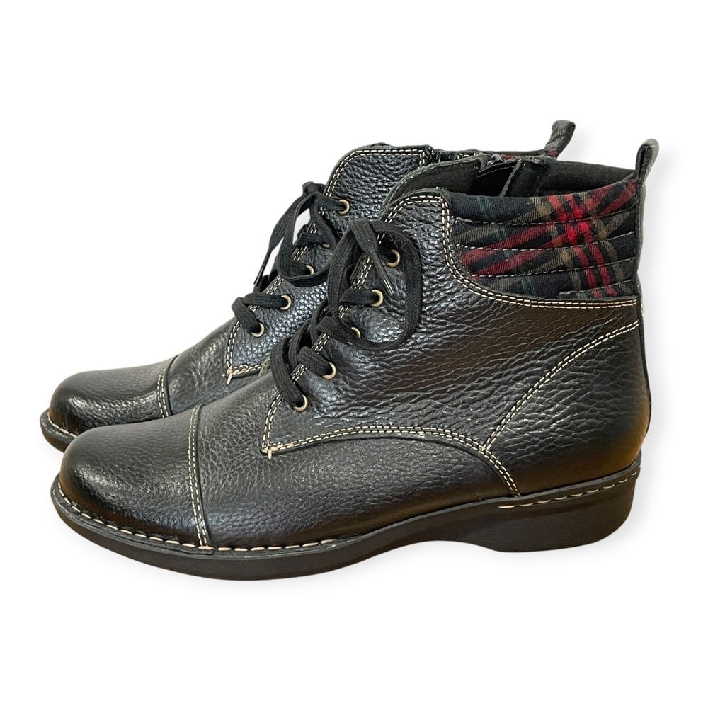 Clarks Pebbled Leather Plaid Collar Lace Up Ankle Boots Womens 10 Dark Academia